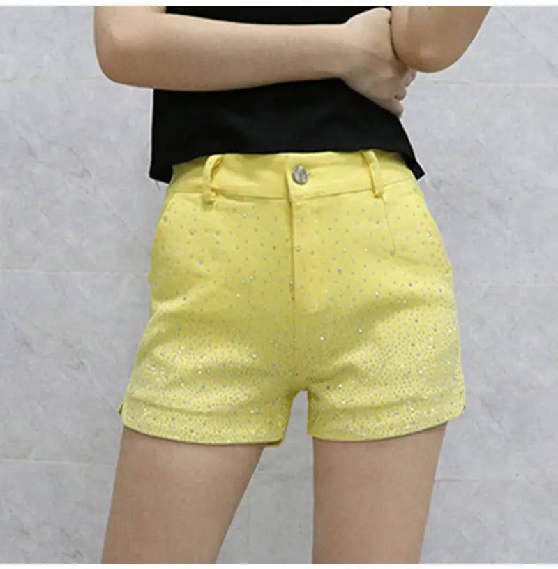Women's High Waist iny Sequin Denim orts Summer New Sle Korean Version Slimming Elastic Wide Leg A-Line Hot Pants