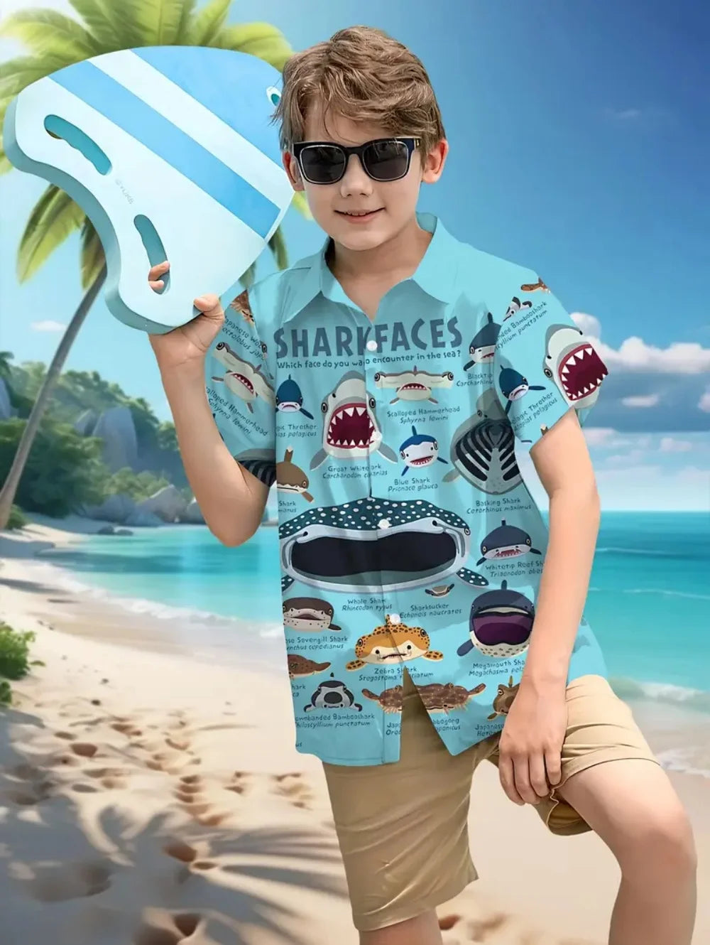 Kid's Boys Top Fashion Personality Print Pattern Stand-Up Collar Short Sleeved Shirt Summer Clothes for Children Boy's 3-9 Years