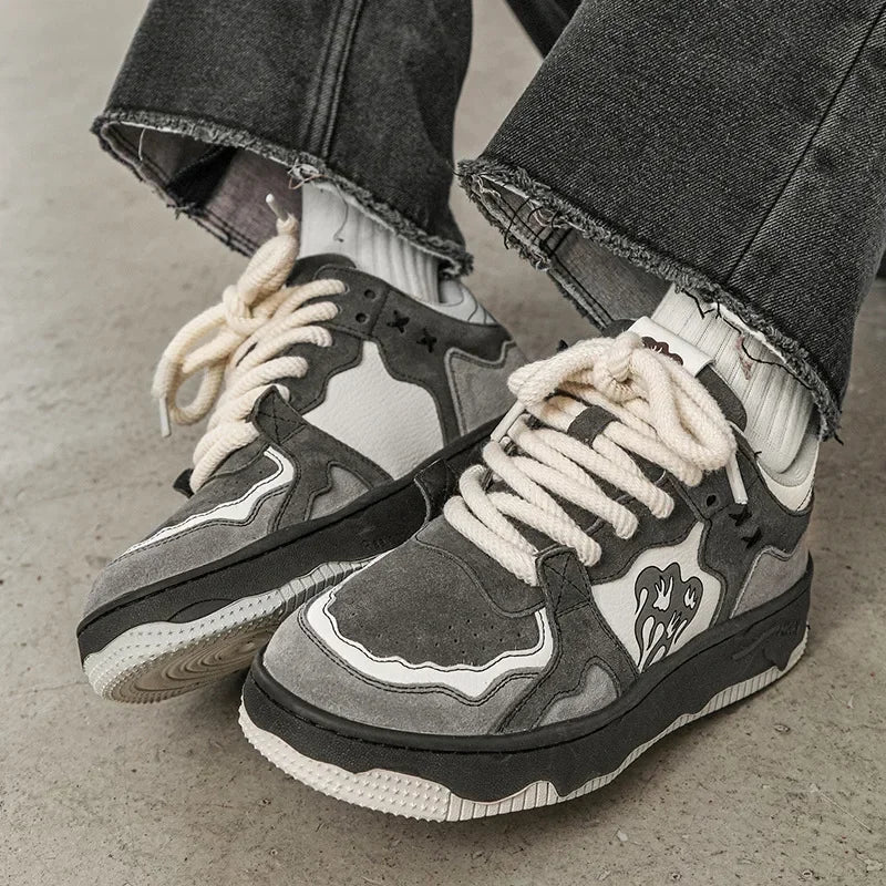 Women Sneakers Fahsion Design Flame Mixed Color Shoes Femme Sports Leisure Versatile Fashion Shoes Retro Trend Shoes Gray Tenis