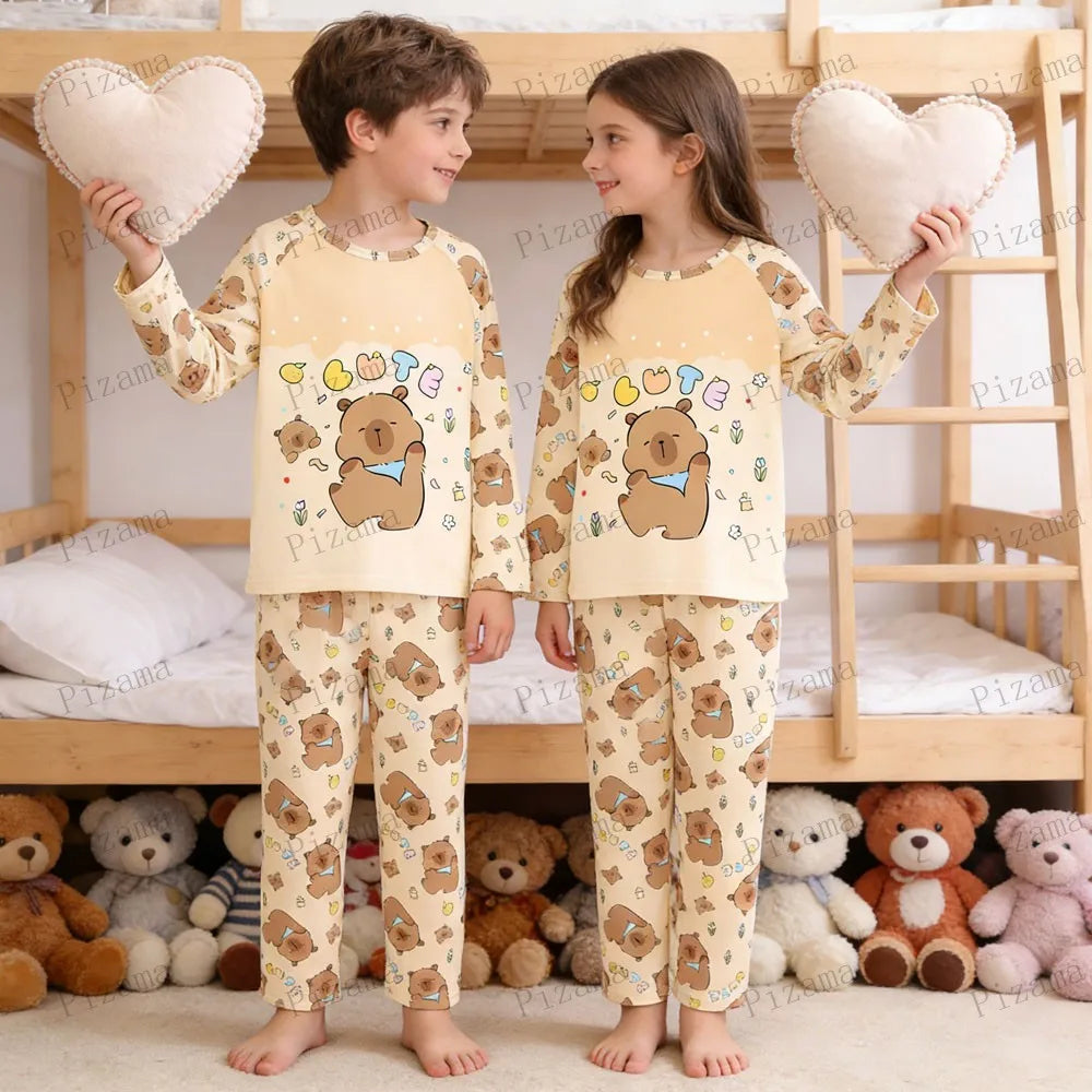 Capibara Kids Pajama Sets Long Sleeve Loungewear with Cute Animal Print Soft Sleepwear for Boys Girls Cartoon Sleepwear Outfit