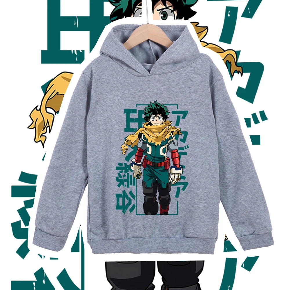 Kids Anime Cotton Tshirt Mha Midoriya Print Unisex Hoodie Sweatshirt for Boys Girls 100-160cm Cartoon Casual Clothes