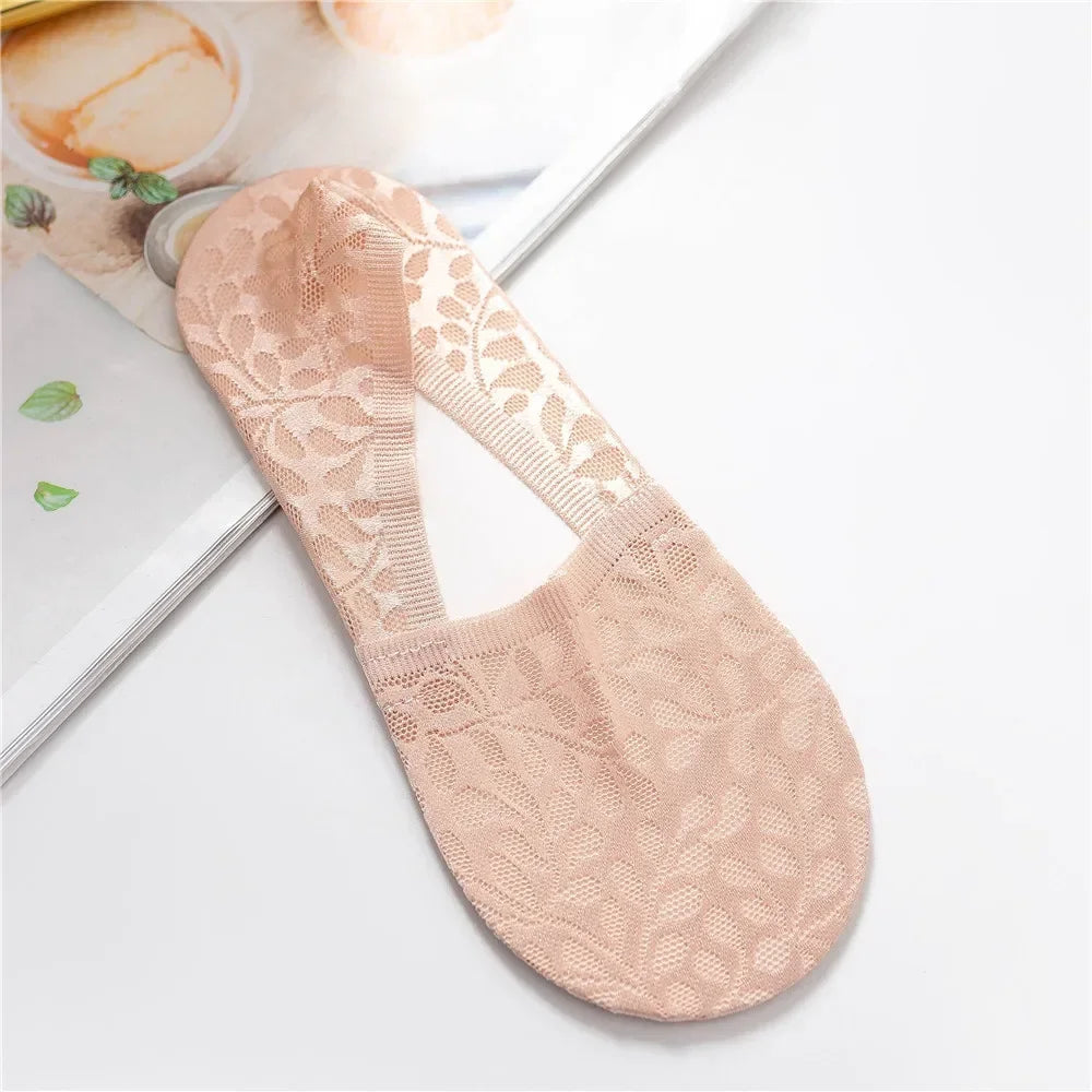 Women Invisible No Show Socks Hollow Out Mesh Lace Sock Slippers Socks Silicone Non-slip Summer Low Cut Ankle Boat Socks Women