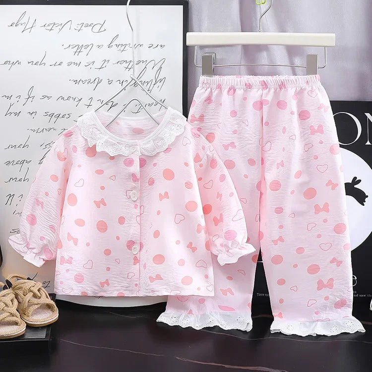 Girls Kids Home Clothes Set New Loose Thin Baby Pajamas Fashion Lace Floral Princess Children Air Conditioner Long Sleeve+Pants