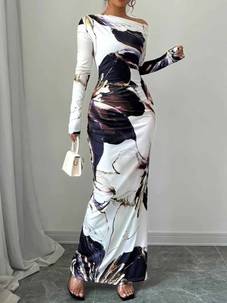 Fashionable Elegant Slim Fit Printed Long Dresses For Women Sexy Slanted Shoulder Long Sleeved Dress Spring Summer 2025 New
