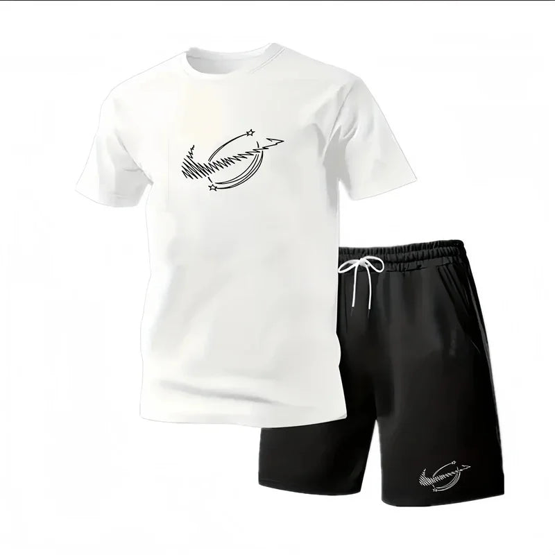 New Summer Fitness Sportswear for Men, Short-Sleeved T-Shirt and Shorts Two-Piece Set, Breathable and Quick-Drying Casual Wear.