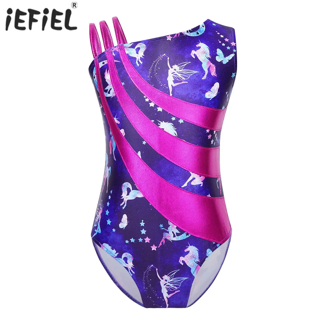 Kids Girls Gymnastics Swimsuit for Dancing Ballet Dancewear Metallic Shiny Leotard Print Asymmetrical Shoulder Strap Bodysuit