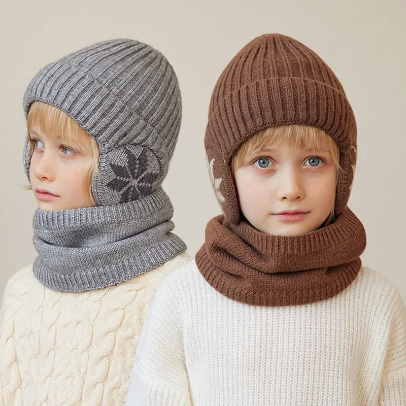 Kids Winter Knitted Hat Scarf Set for Boys Girls 2Pcs Fleece Lined Warm Earflaps Children Beanie Cap Neck Warmer for 4-10Y