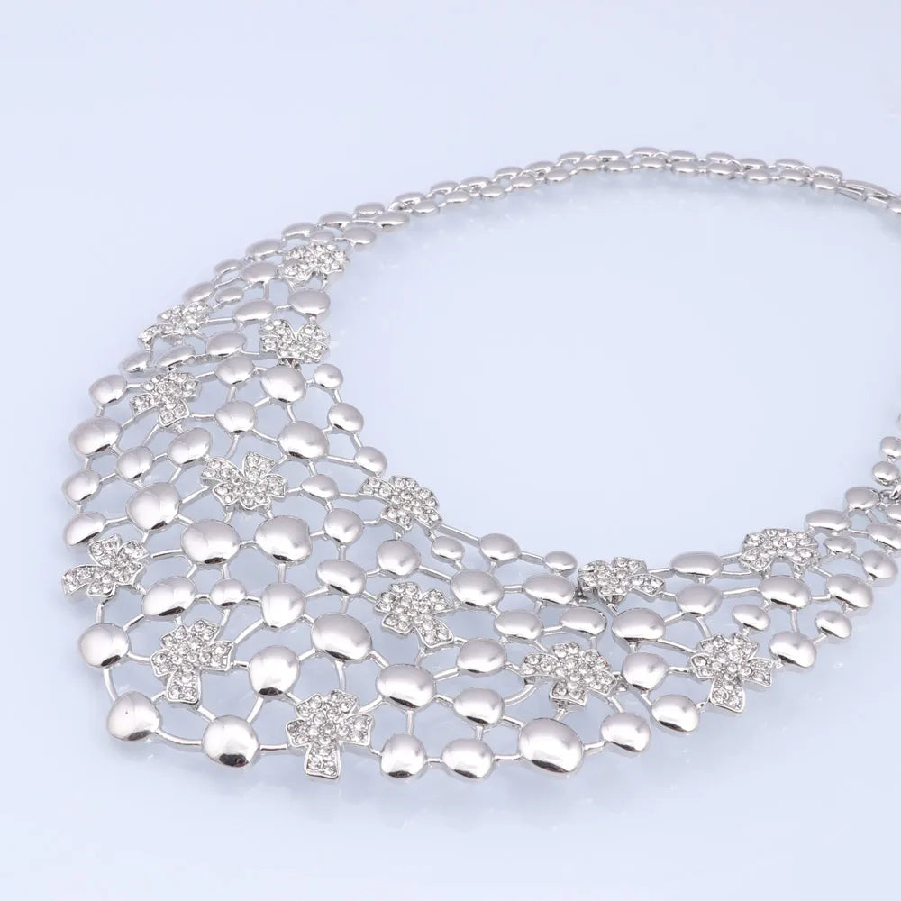 Elegant Jewelry Sets Dubai Silver Plated Jewelry Women Necklace Bracelet Earrings Ring Bride Wedding Party Accessories