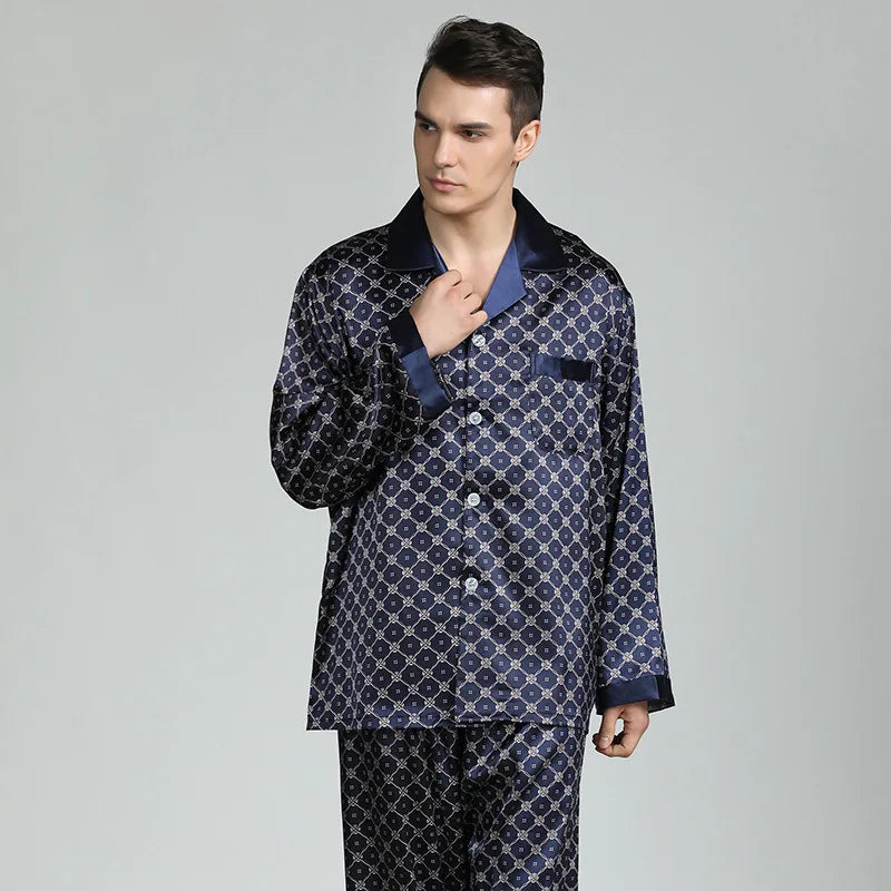 Pajamas Set Men's Home Clothes Long Sleeve Shirt&pants Male Satin Print Nightwear Casual Trousers Suit Spring Summer Loungewear