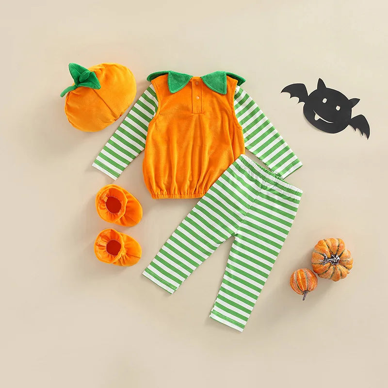 Kids Pants Suit Long Sleeve Halloween Pumpkin Print Loose Tops Fall Casual Pants Hat Sleeves