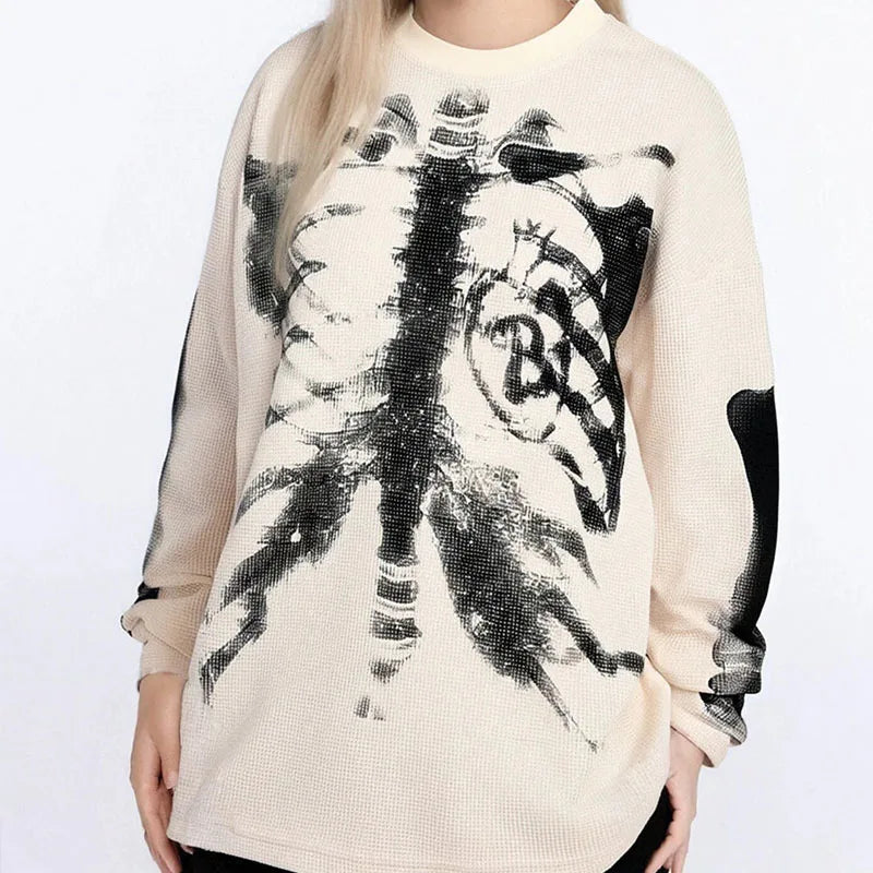 Autumn Harajuku Instagram Street Fashion American Retro Hoodie Skeleton Printed Round Neck Long Sleeve Y2k Unisex