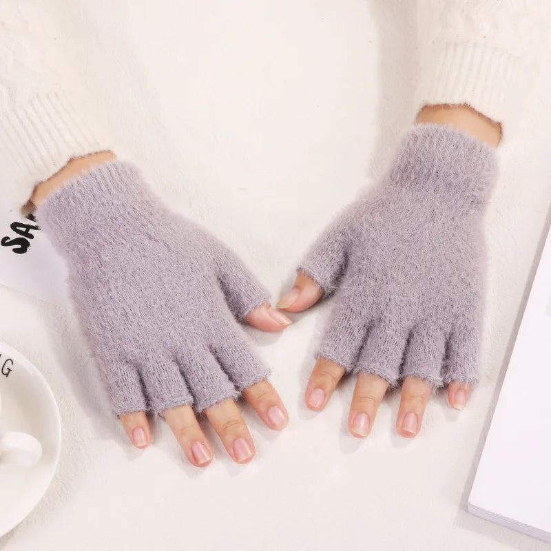 Fuzzy Gloves Women Winter Soft Warm Fashion Writing Gloves Office Typing Student Solid-Color Minimalist Ladies Half-Finger Glove