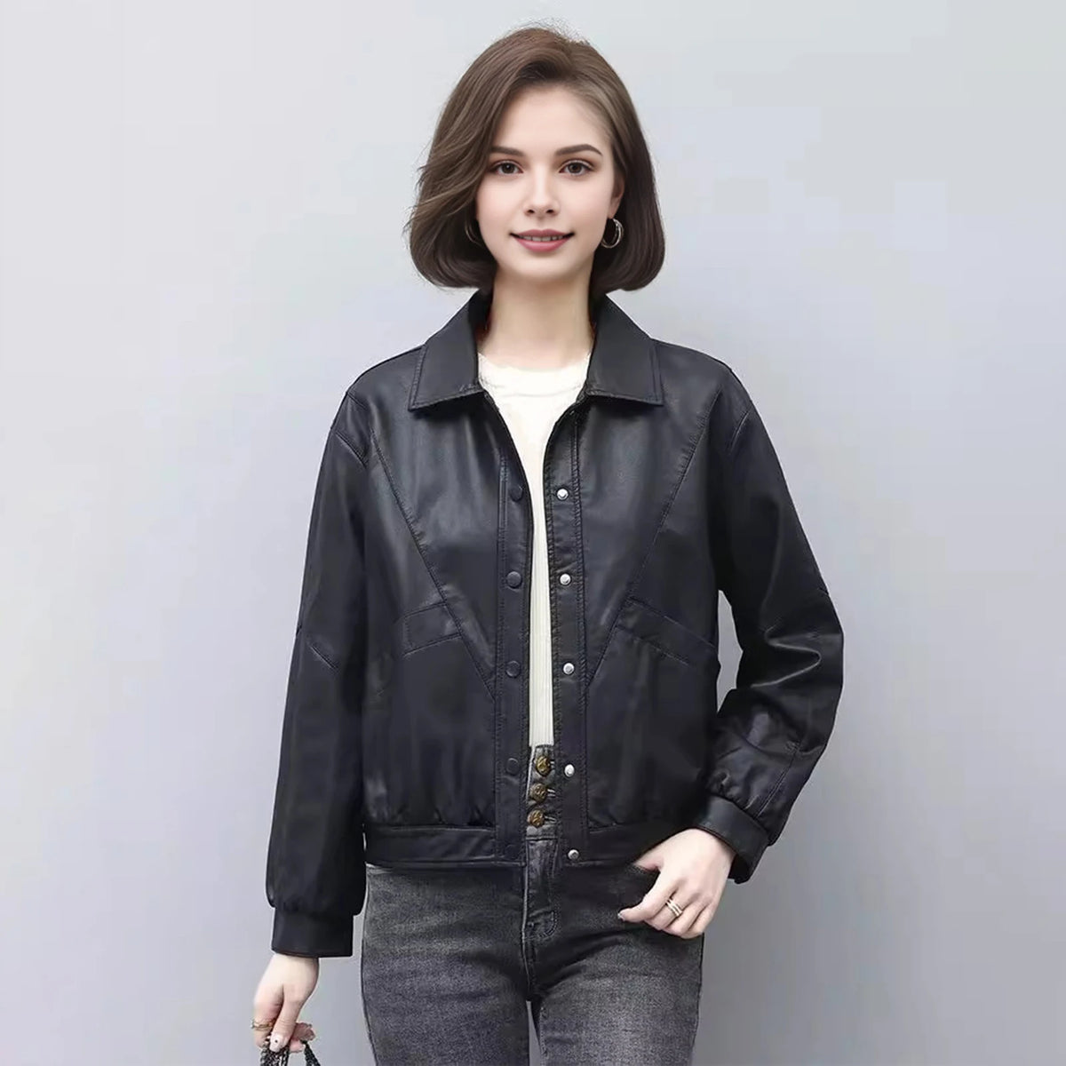 Women Faux Leather Jackets Casual Solid Color Lapel Button Lady Clothings Zip Up Slim Fit Comfortable Women's Winter Down Jacket
