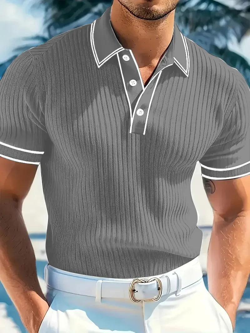 New Men's Short Sleeved Summer Color Blocked Striped Lapel Polo Shirt for Summer
