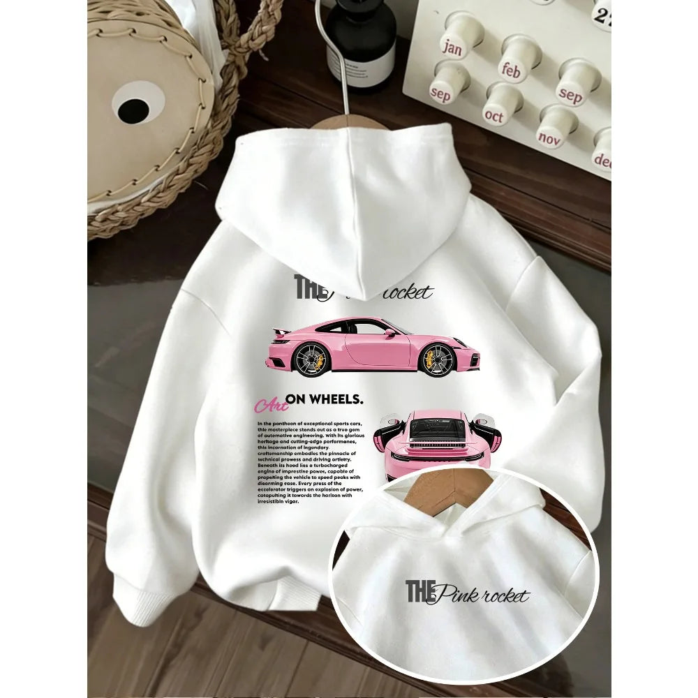 Kids Hoodie Pink Sports Car Print Long Sleeve Pullover Sweatshirt Boys Girls Casual Streetwear Children Hooded Tops