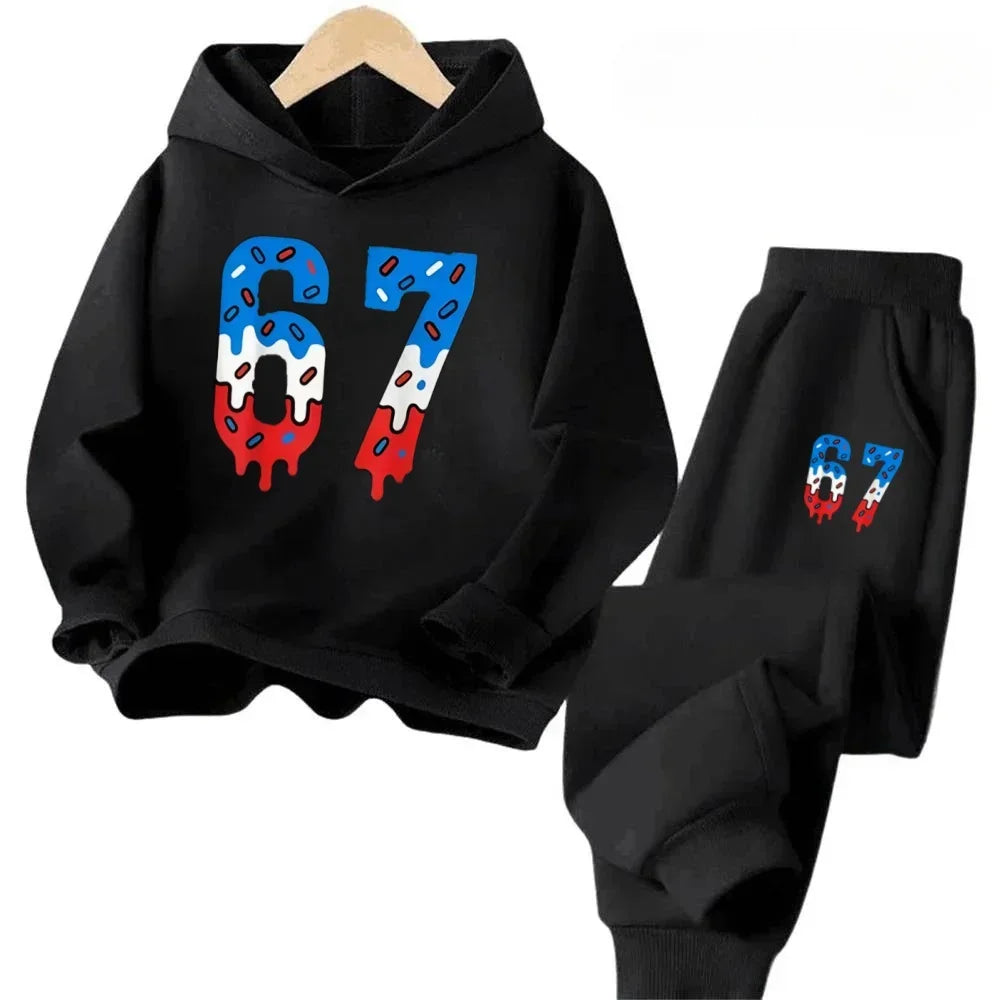 67 Chic Children's Hoodies Set 4-13Y Korean Streetwear Block Tracksuit Fashion Comfortable Kids Sweatshirt 2 Pcs Sets Pant Suit