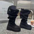 Women's Fashion Thick Heels Knee High Boots Khaki Flock Slip on Western Boots Woman Spring Autumn Soft Leather Short Botas Mujer