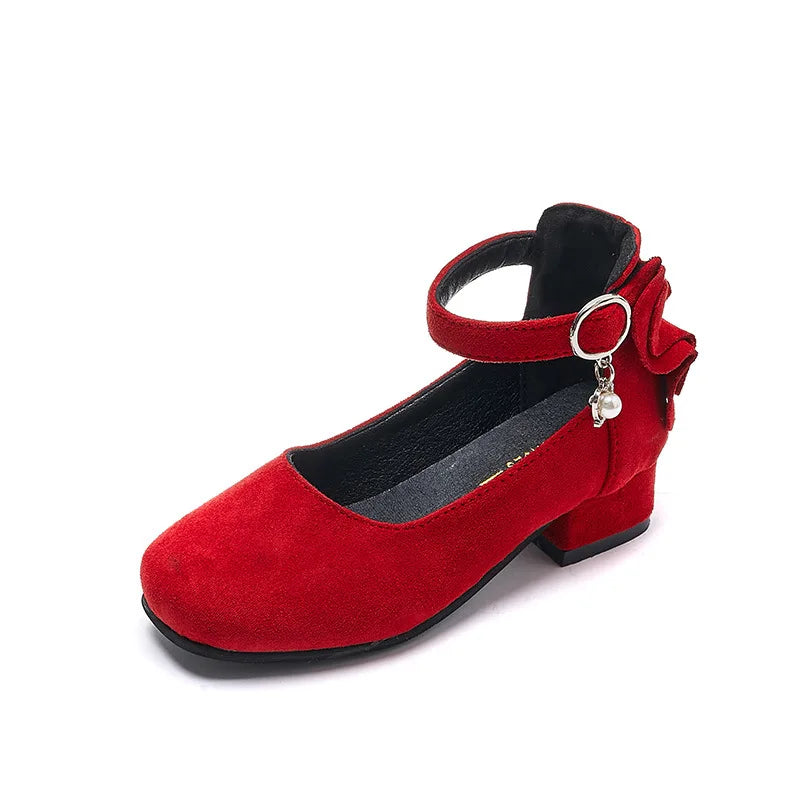Kids High Heeled Shoes Girls Princess Shoes For Party Wedding Dance Childrens Fashion Velvet Black Pink Red Leather Shoes 3-15T
