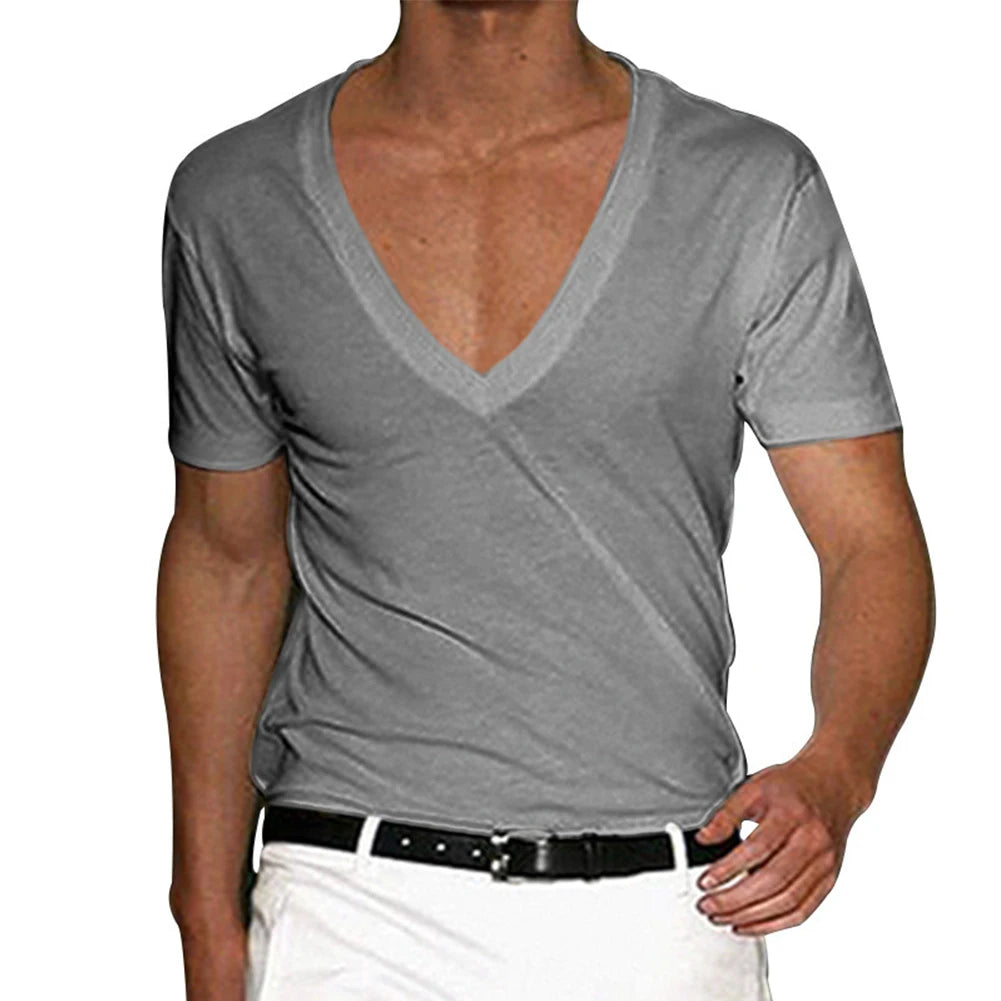 Summer Men's Short Sleeve T-Shirts Deep V Neck Solid Color Gym Muscle Fitness Undershirt Tee Tops T Shirt For Men Clothing