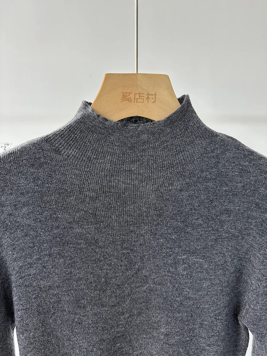 BirdTree, 100% Wool Slim Thin Sweater, Women Long Sleeve Mock Neck, Seamless Bottom High Elastic Top, 2025 Winter Fall T46985QM