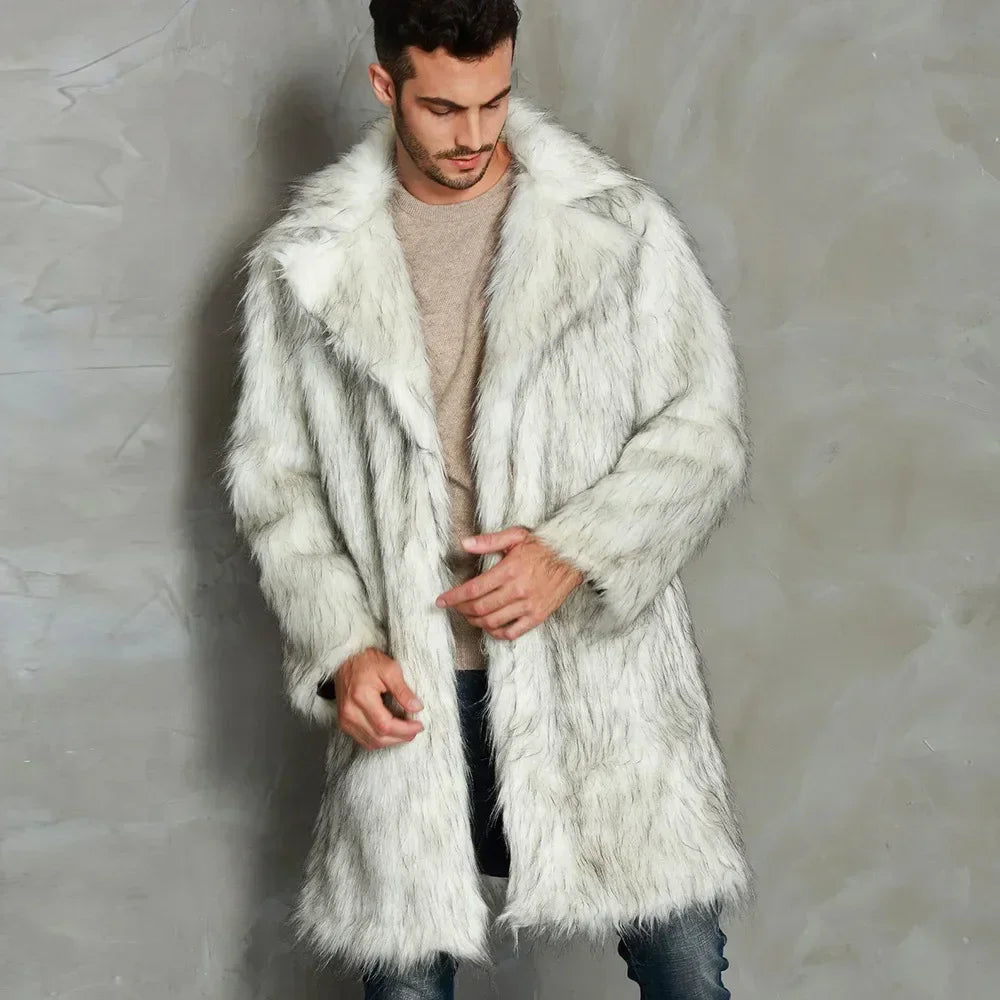 Men's Coat Warm Faux Fur Loose Autumn Winter Brown Long Coats Turn Down Collar Sleeve Men High Waist Maxi Elegant Jacket