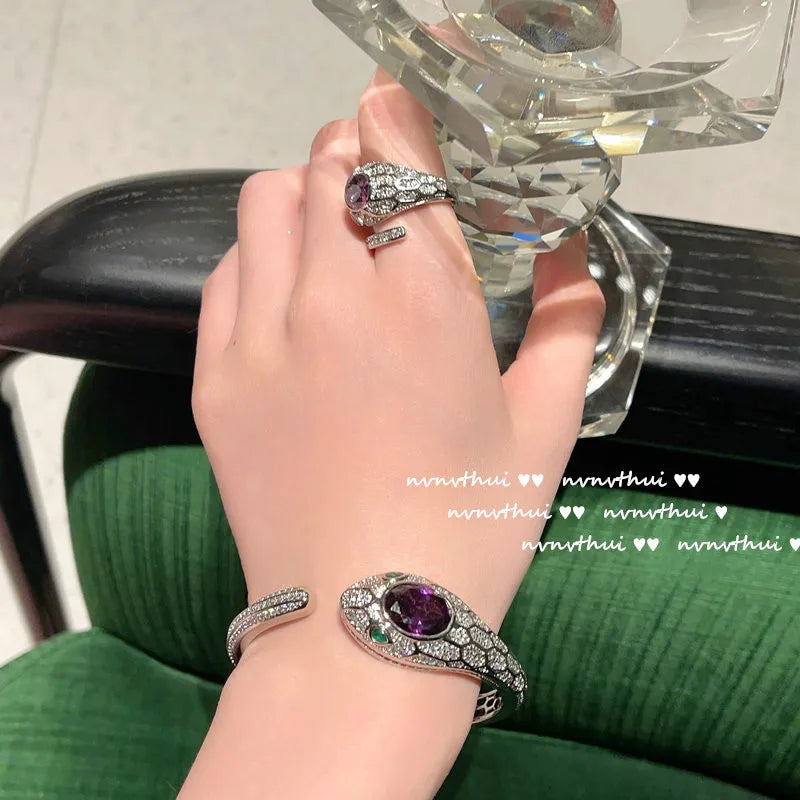 Women's New Fashion 925 Sterling Silver Jewelry Sets for Women Silver Color Luxury Zircon Snakce Necklace/Ring/Earring/Bangle