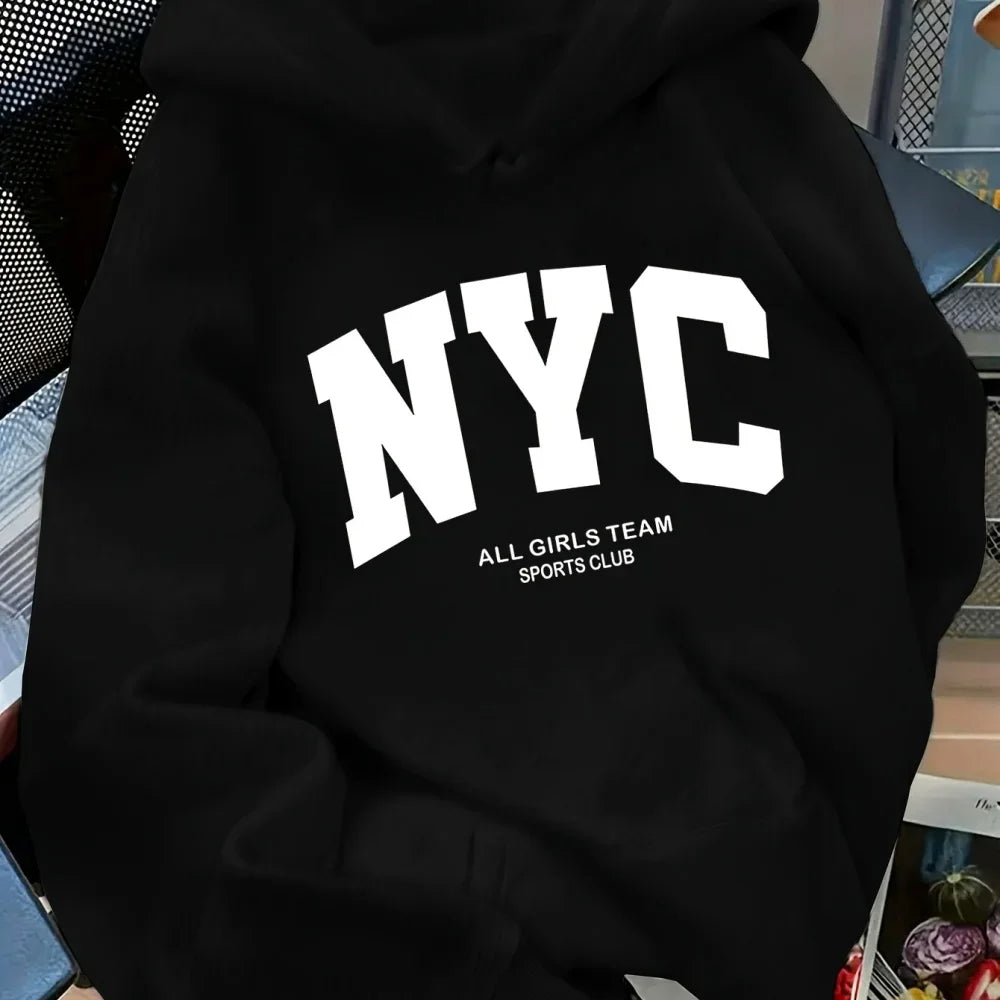 New Fall/Winter Comfortable Navy Blue New York Team Hoodie - Long Sleeve, Couples' Street Style Hoodie, Casual Pullover with POC