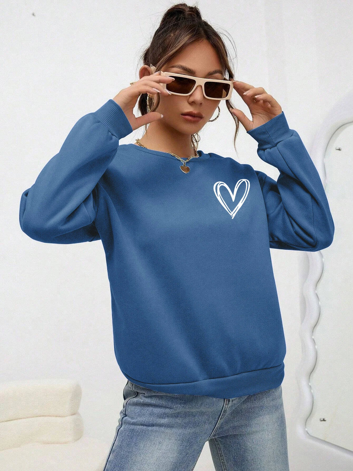 Simple Heart Pattern Printing Sweatshirts For Womens Casual Comfortable Crewneck Hoodies Loose Fleece Warm Sportswear Clothes