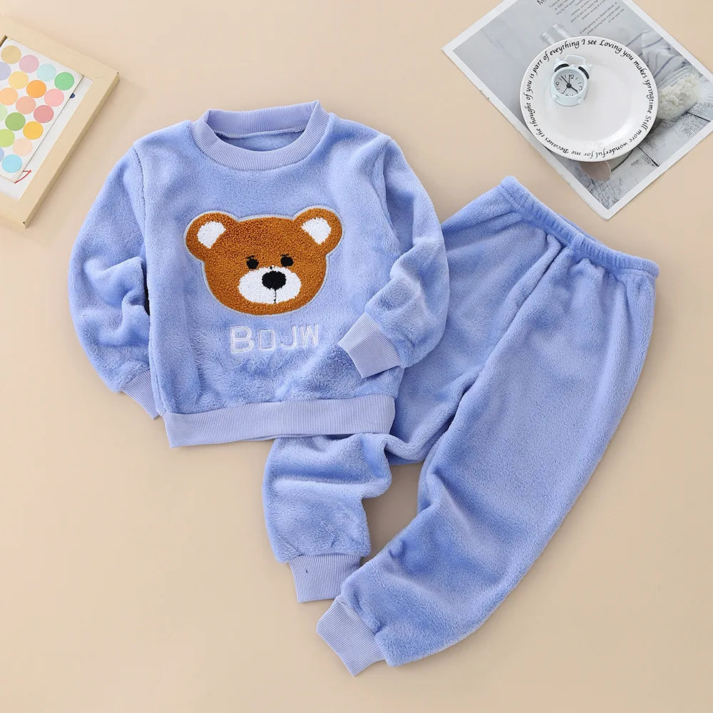 2026 Kids Flannel Pajamas 2Pcs/Sets Thickened Warm Print Baby Homewear Soft Coral Fleece Boys Girls Sleepwear Winter Loungewear