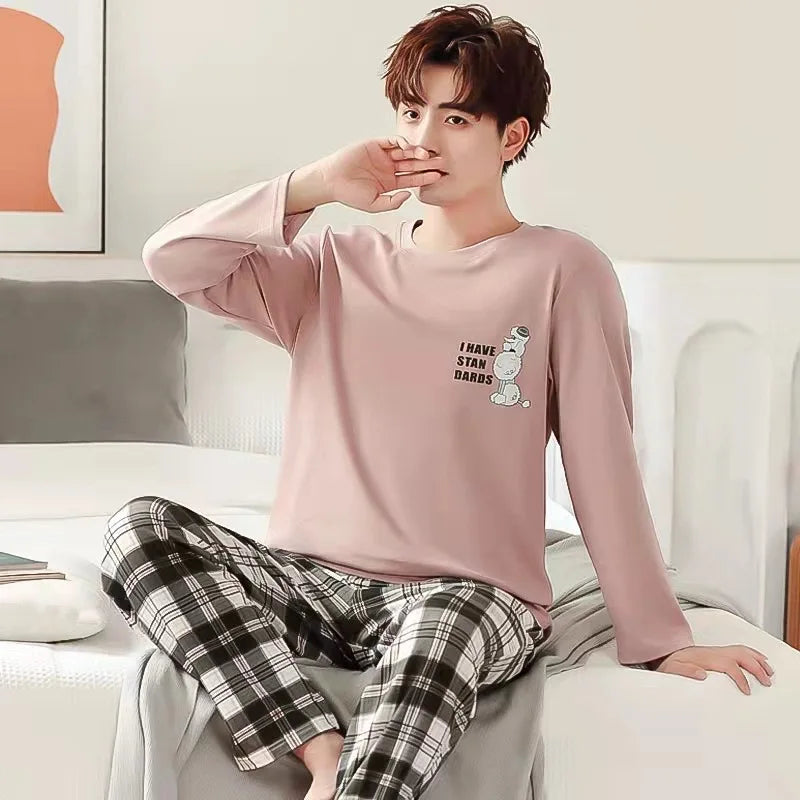 New Men's Spring And Autumn Striped Leisure Pajamas Sets Boys Long-Sleeved Home Wear Teenagers Outside The Home Wear Suit