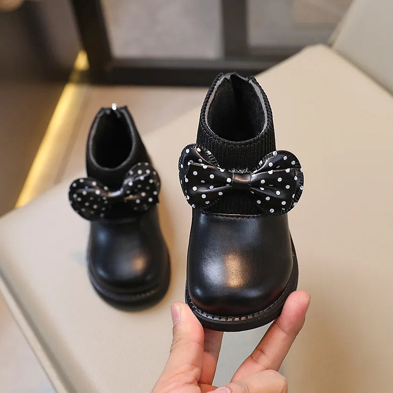 Children's Cotton Boots Winter New Kids Shoes Bow Girls Soft Bottom PU Leather Boots Baby Side Zipper Design Boots Toddler Shoes