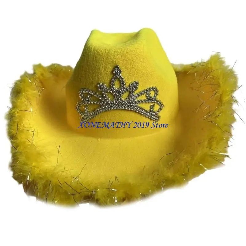 F42F Funny Party Hats Cowgirls Hat Furry Trims Ladies Western Hats for Womens Fedoras Western Cowgirls Hat Vintage