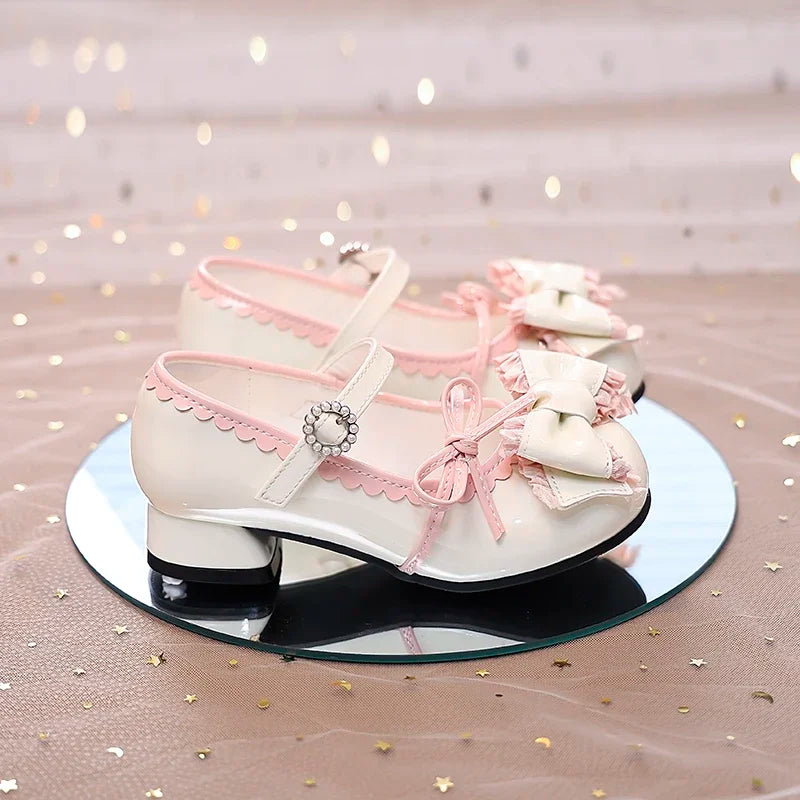 Girls High Heels New Leather Shoes Princess Chic with Double Bow-knot Kids Princess Wedding Party High Heels Fashion Dress Shoes