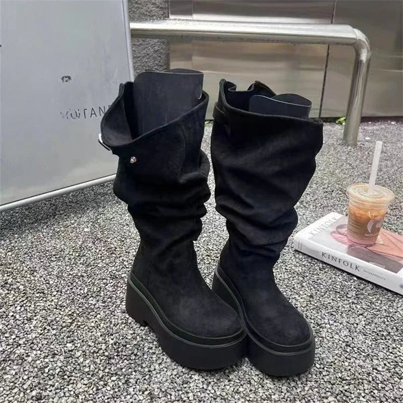 Women's Fashion Thick Heels Knee High Boots Khaki Flock Slip on Western Boots Woman Spring Autumn Soft Leather Short Botas Mujer