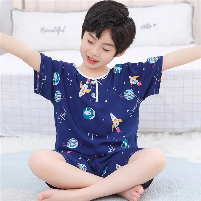 Kids Boys Girls Pajamas New 2023 Summer Thin Cute Cartoon Short Sleeve O-Neck Casual Tops with Shorts Baby Sleeping Clothing Set