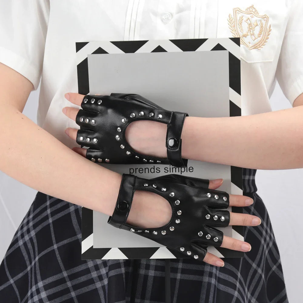 Women Gothic Rivets Finger Less Gloves Wedding Party Breathable Driving Pu Punk Gloves Halloween Night Club Work Cosplay Gloves