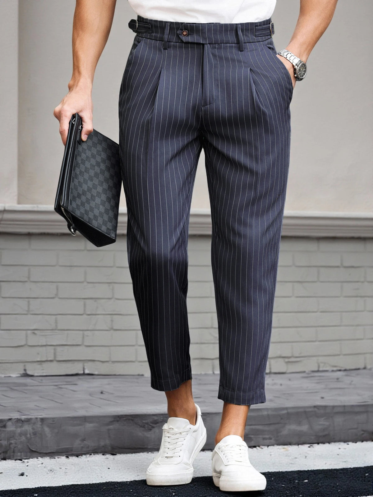 Men's Casual Vertical Striped Tapered Cropped Pants Gurkha High Waist Stretch Slim Fit Business Grey Navy Green Trousers