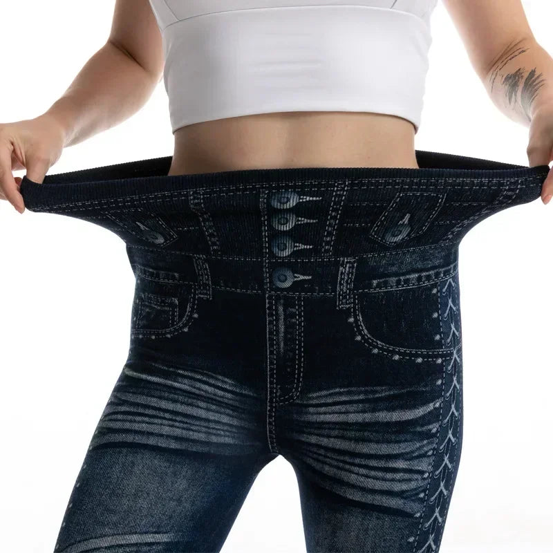 High Waist Faux Denim Jean Leggings Slim Elastic Seamless Skinny Pencil Pant Summer Female Workout Fashion Denim Jeans Leggings