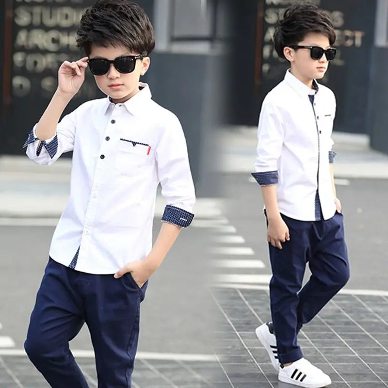 Kids Boys Shirts Spring Fashion Preppy Style Polka Dot Accent Long Sleeve Top Soft Breathable Cotton for School Daily Wear 3-12Y