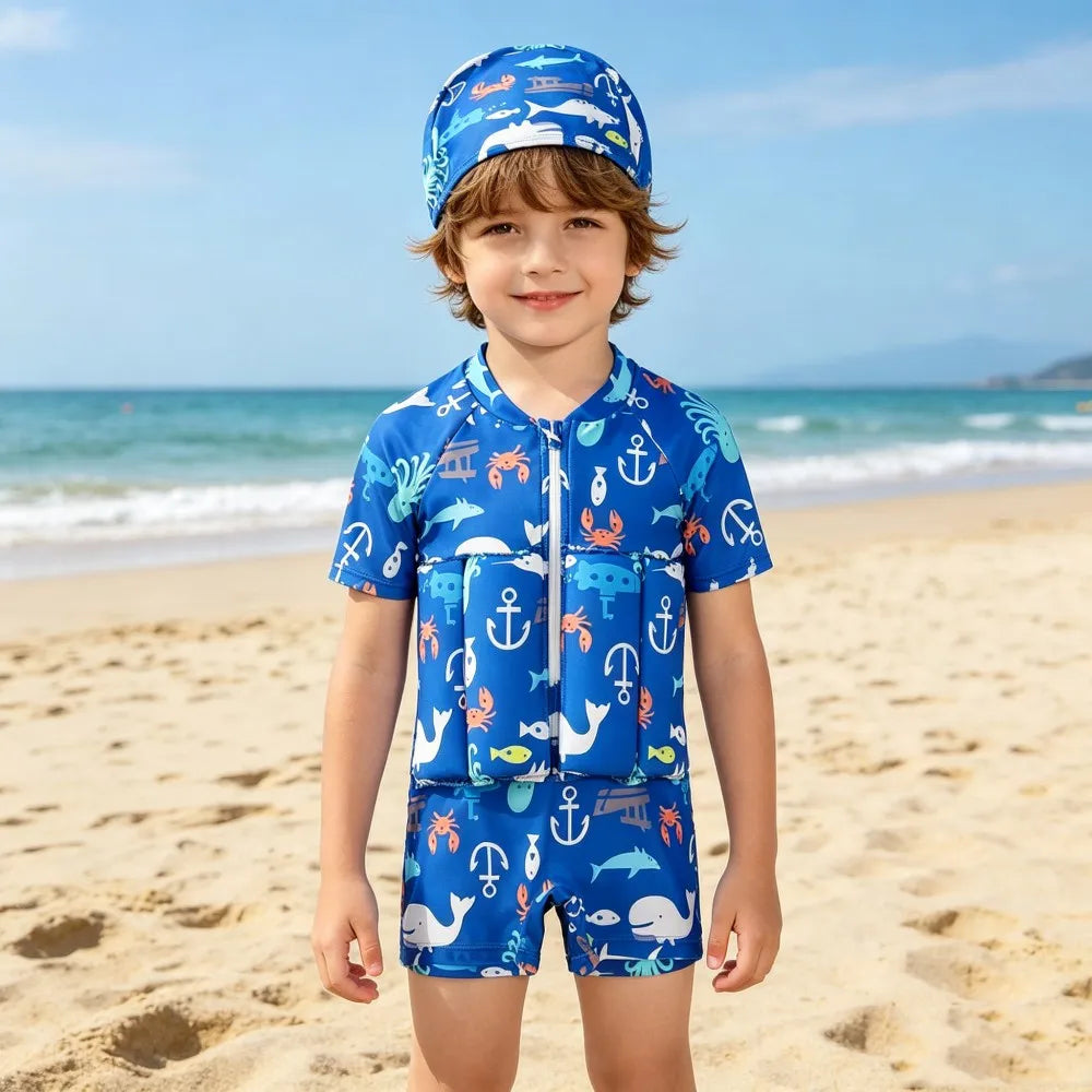 Children Swimming Training Swimwear Boys Girls Swimming Suit Detachable Floating Swimsuit Kids Buofancy Swimwear+Caps Suit