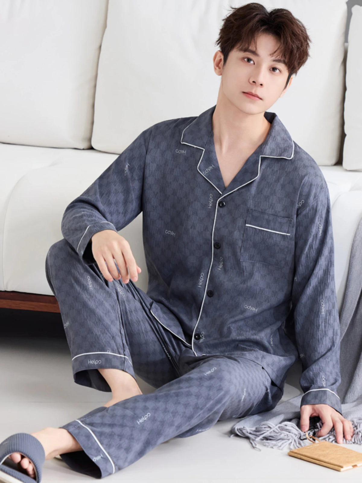 Men's Pajama Set for Spring & Autumn, Simple All-Match Long Sleeve & Long Pants Loungewear, Fashion Handsome Daily Homewear