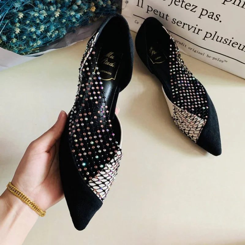 Women's Walking Sneakers, Lightweight Breathable Open Back Flats, Rhinestone Mesh Pointed Toe Dress Shoes for Party & Banquet