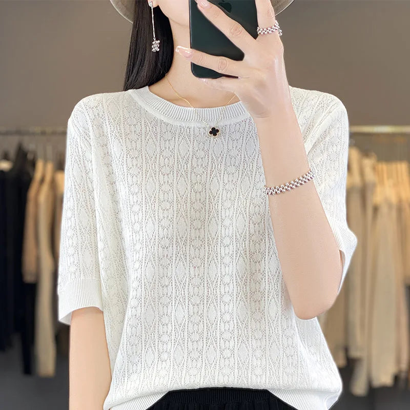 Summer New 100% Pure Cotton Sweater Short sleeved Women's Casual Solid Color Round Neck Pullover Loose Fashion Large Top