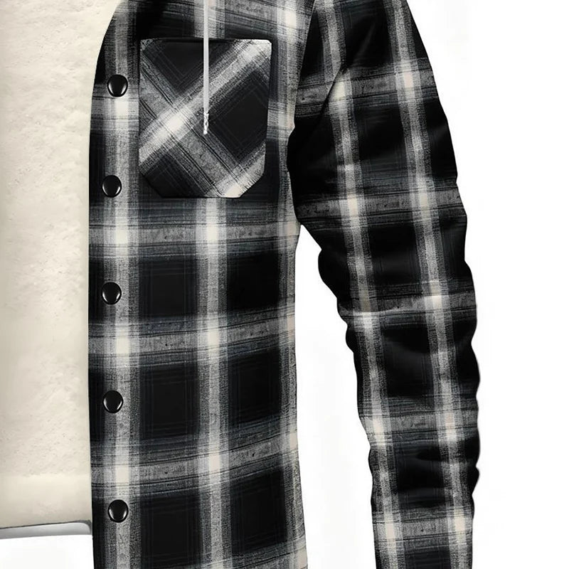 Plus Fleece Warm Plaid Hooded Jacket Men Y2K Street Loose Cardigan Hoodies Man Autumn Winter Thicken Single Breasted Casual Coat