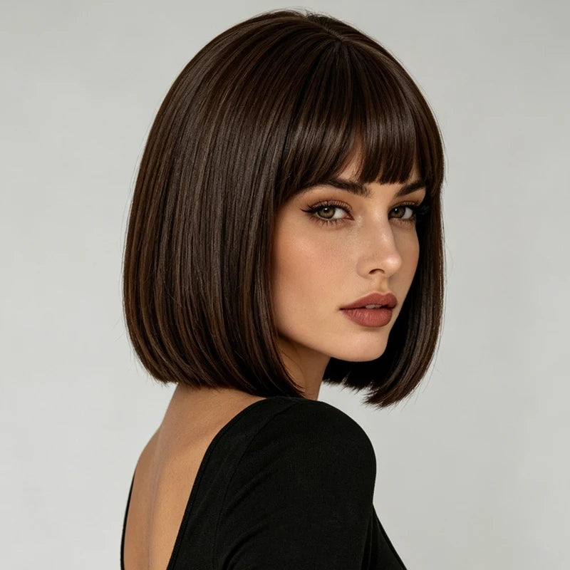 Women's everyday synthetic wig, 12 inches, dark brown, with smooth and neat bangs, casual style, suitable for weekend outings.