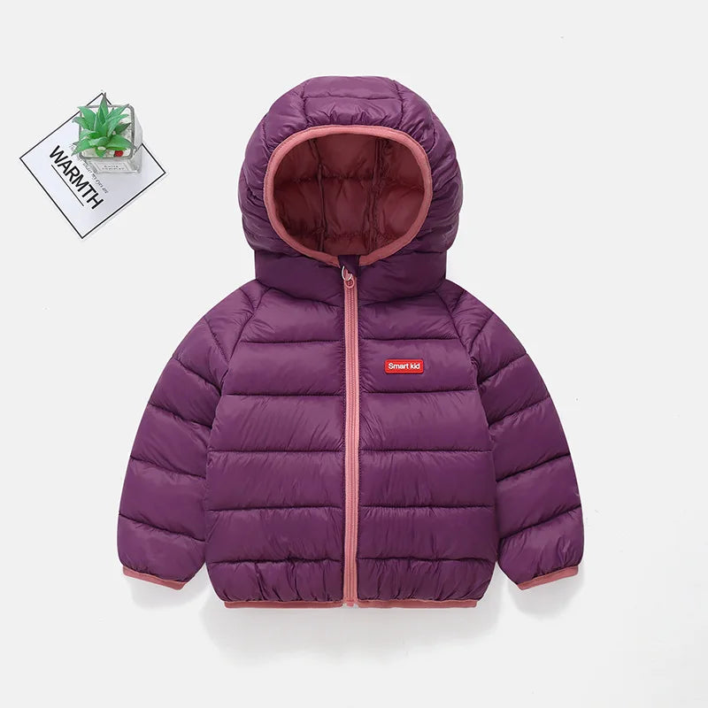 Children's Jacket Boys Girls Korean Autumn Winter Solid Color Hooded lightweight and Warm Autumn Winter Windproof Cotton Jacket