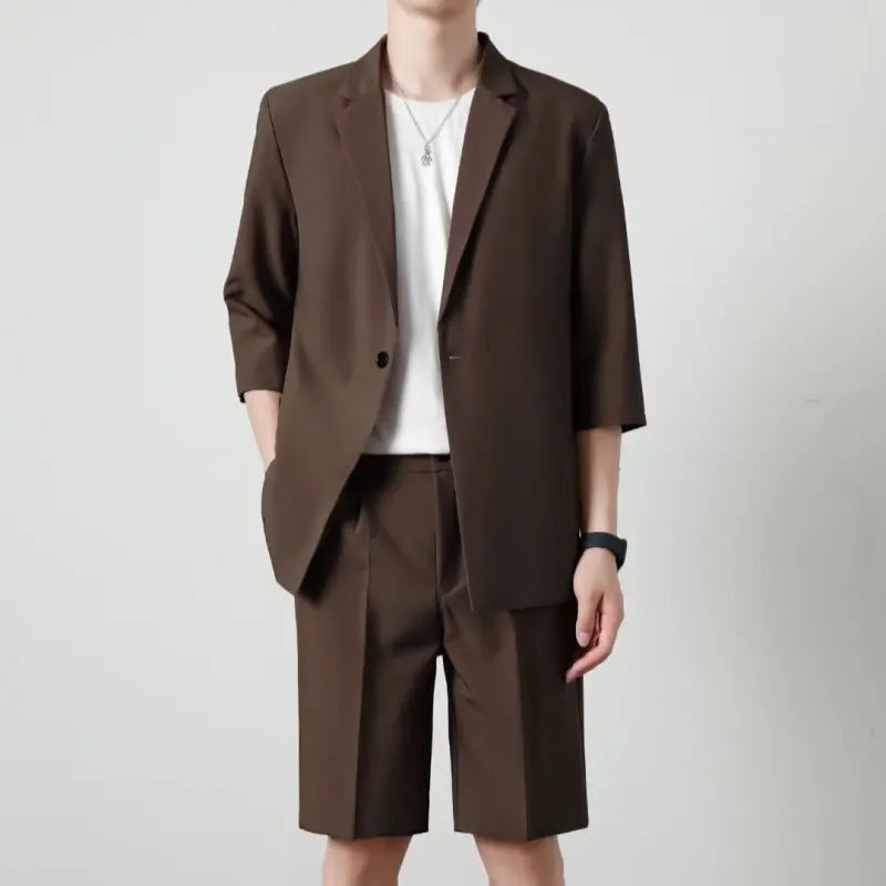 Men's Casual Half Sleeve Suit Jacket Polyester Fiber Breathable round Hemline Single Button Closure Standard Fit Adult Wear