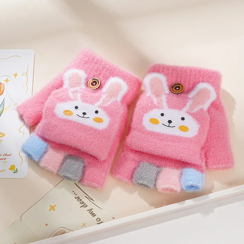 Children's Warm Gloves for Boys and Girls Cartoon Cute Half Finger Knitted Winter Flip Cover Baby Thick Cold Proof Five Fingers