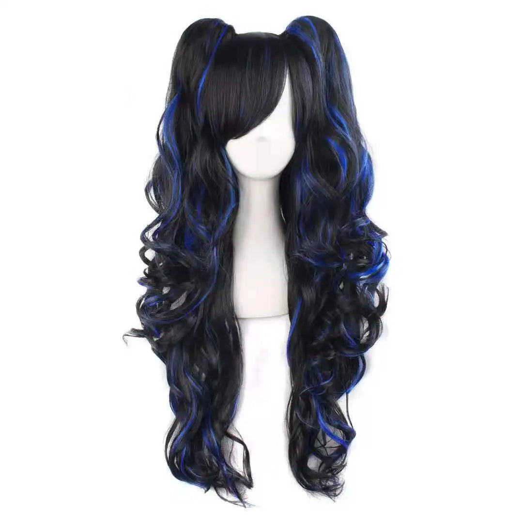 Long Wavy Anime Cosplay Lolita Wig Blue Blonde Pink Ombre Two Ponytails Girls Kawaii Anime Accessories Wigs for Women