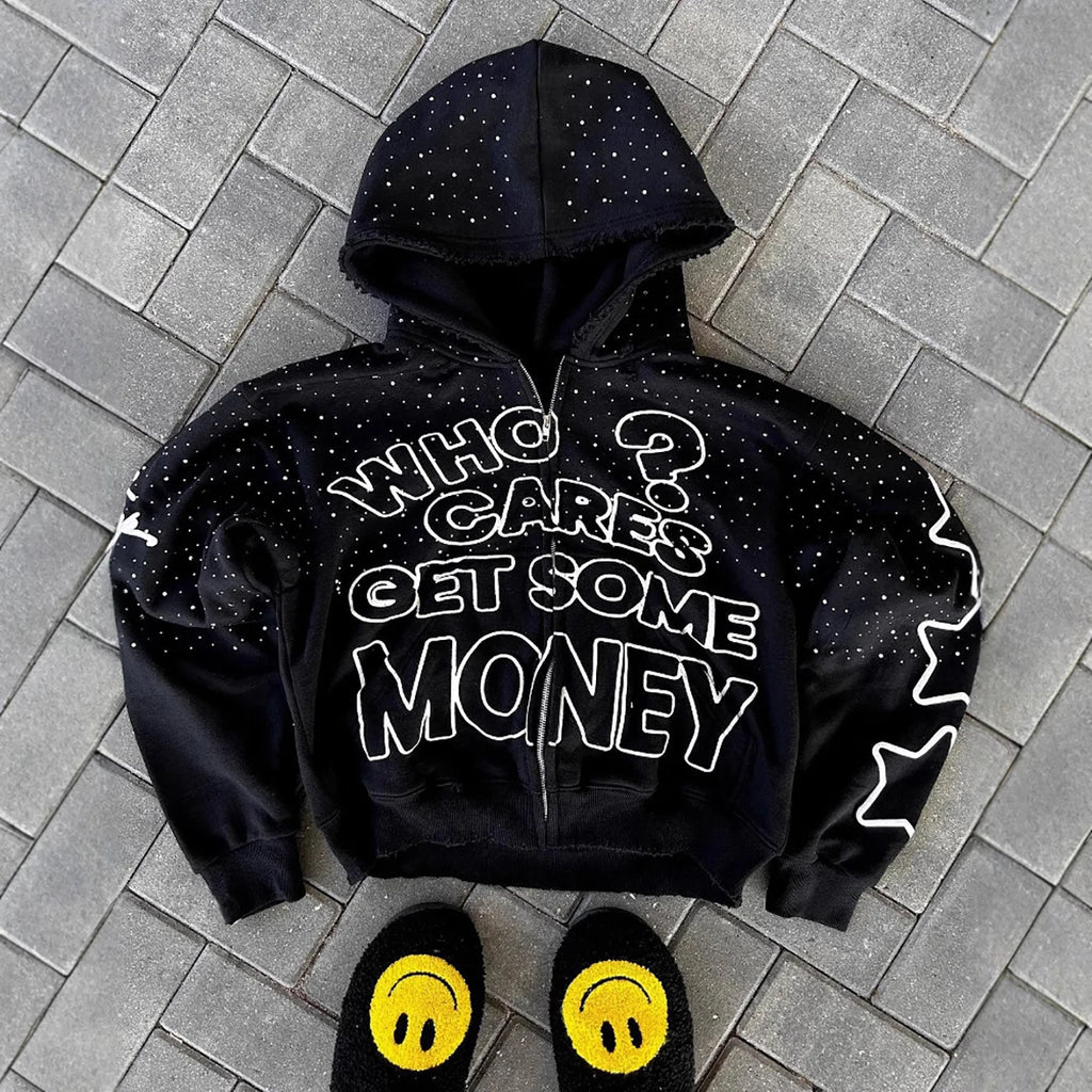 Y2K Trendy American Letter Pattern Loose Casual Hooded Zipper Retro Hoodie Fashionable Jacket